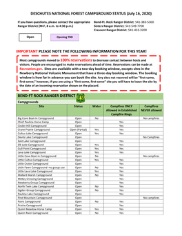 DESCHUTES NATIONAL FOREST CAMPGROUND STATUS (July 16, 2020)