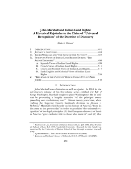 John Marshall and Indian Land Rights: a Historical Rejoinder to the Claim of “Universal Recognition” of the Doctrine of Discovery