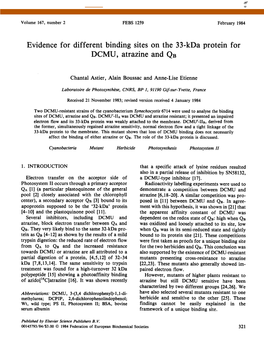 Evidence for Different Binding Sites on the 33-Kda Protein for DCMU, Atrazine and QB