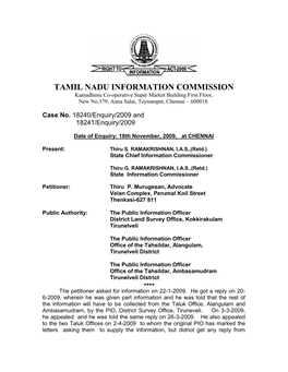 TAMIL NADU INFORMATION COMMISSION Kamadhenu Co-Operative Super Market Building First Floor, New No.379, Anna Salai, Teynampet, Chennai – 600018