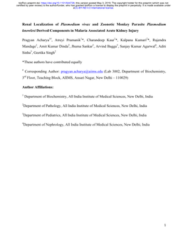 Renal Localization of Plasmodium Vivax and Zoonotic Monkey Parasite Plasmodium Knowlesi Derived Components in Malaria Associated Acute Kidney Injury