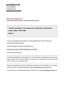 Nuclear Prospects’: the Siting and Construction of Sizewell a Power Station 1957-1966