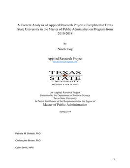 A Content Analysis of Applied Research Projects Completed at Texas State University in the Master of Public Administration Program from 2010-2018