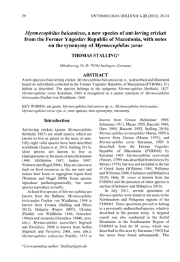 Myrmecophilus Balcanicus, a New Species of Ant-Loving Cricket from the Former Yugoslav Republic of Macedonia, with Notes on the Synonymy of Myrmecophilus Zorae