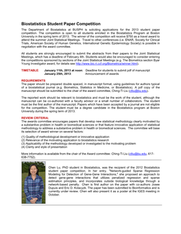 Biostatistics Student Paper Competition the Department of Biostatistics at BUSPH Is Soliciting Applications for the 2013 Student Paper Competition