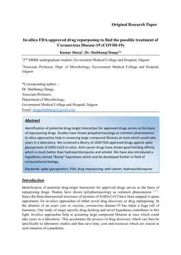 Original Research Paper In-Silico FDA-Approved Drug Repurposing to Find