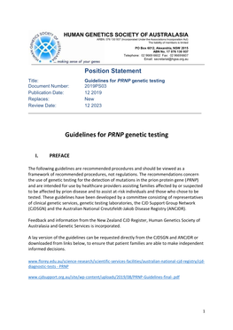 Guidelines for PRNP Genetic Testing Document Number: 2019PS03 Publication Date: 12 2019 Replaces: New Review Date: 12 2023