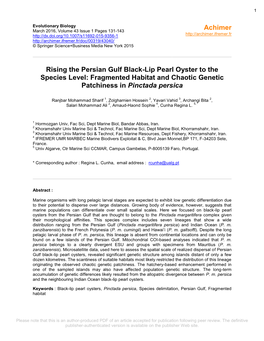 Rising the Persian Gulf Black-Lip Pearl Oyster to the Species Level: Fragmented Habitat and Chaotic Genetic Patchiness in Pinctada Persica