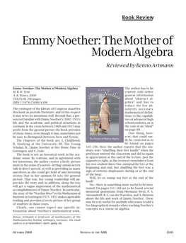 Emmy Noether: the Mother of Modern Algebra Reviewed by Benno Artmann