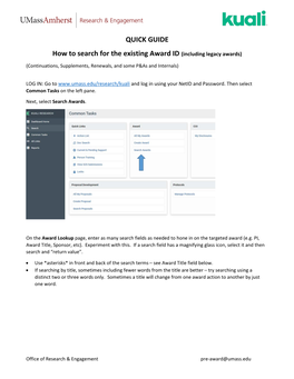 QUICK GUIDE How to Search for the Existing Award ID (Including Legacy