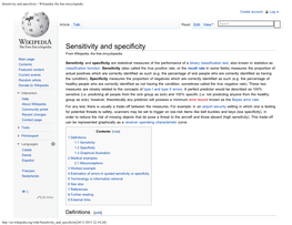 Sensitivity and Specificity. Wikipedia. Last Modified on 16 November 2013