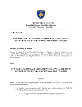 Republika E Kosovës Republika Kosovo - Republic of Kosovo Kuvendi - Skupština - Assembly ______