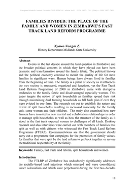 Families Divided: the Place of the Family and Women in Zimbabwe’S Fast Track Land Reform Programme