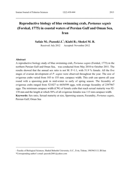 Reproductive Biology of Blue Swimming Crab, Portunus Segnis (Forskal, 1775) in Coastal Waters of Persian Gulf and Oman Sea, Iran