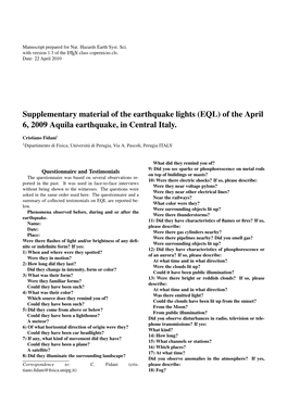 Supplementary Material of the Earthquake Lights (EQL) of the April 6, 2009 Aquila Earthquake, in Central Italy