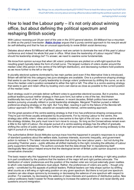 How to Lead the Labour Party – It’S Not Only About Winning Office, but About Defining the Political Spectrum and Reshaping British Society