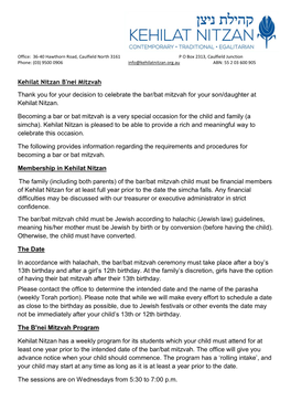 Kehilat Nitzan B'nei Mitzvah Thank You for Your Decision to Celebrate the Bar/Bat Mitzvah for Your Son/Daughter at Kehilat Nitzan