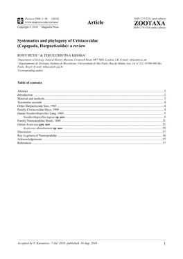 Zootaxa, Systematics and Phylogeny of Cristacoxidae