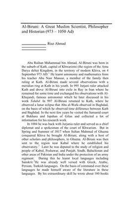 Al-Biruni: a Great Muslim Scientist, Philosopher and Historian (973 – 1050 Ad)