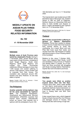 Weekly Update on ASEAN Plus Three Food Security Related Information Is Based on All Available Sources During the Period