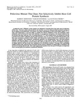 Poliovirus Mutant That Does Not Selectively Inhibit Host Cell Protein Synthesis