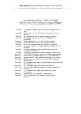 Council Regulation (EC) No 1210/2003 of 7 July 2003