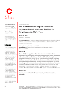 The Internment and Repatriation of the Japanese-French Nationals Resident in New Caledonia, 1941–1946