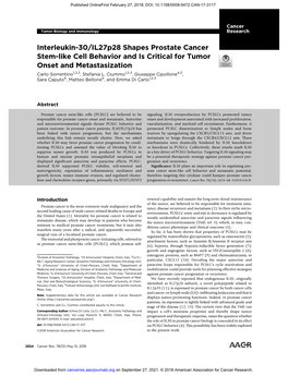 Interleukin-30/Il27p28 Shapes Prostate Cancer Stem-Like Cell Behavior and Is Critical for Tumor Onset and Metastasization Carlo Sorrentino1,2,3, Stefania L