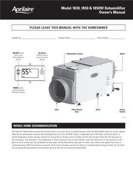 Model 1830, 1850 & 1850W Dehumidifier Owner's Manual