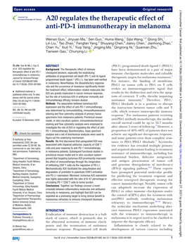 A20 Regulates the Therapeutic Effect of Anti-PD-1 Immunotherapy In