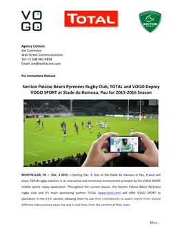 Section Paloise Béarn Pyrénées Rugby Club, TOTAL and VOGO Deploy VOGO SPORT at Stade Du Hameau, Pau for 2015-2016 Season