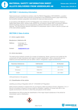 Material Safety Information Sheet Alloys Delivered from Uddeholms Ab