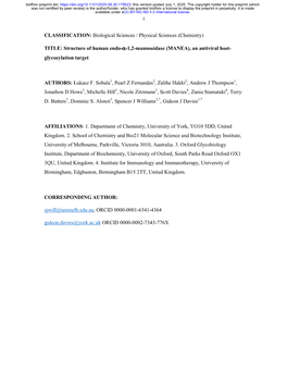 Structure of Human Endo-Α-1,2-Mannosidase (MANEA), an Antiviral Host- Glycosylation Target