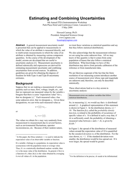 Estimating and Combining Uncertainties 8Th Annual ITEA Instrumentation Workshop Park Plaza Hotel and Conference Center, Lancaster Ca