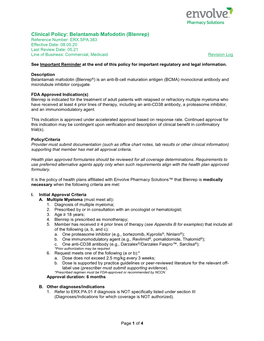 Belantamab Mafodotin (Blenrep) Reference Number: ERX.SPA.383 Effective Date: 08.05.20 Last Review Date: 05.21 Line of Business: Commercial, Medicaid Revision Log