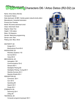 Rpggamer.Org (Characters D6 / Artoo Detoo (R2-D2) (As of Rise Of