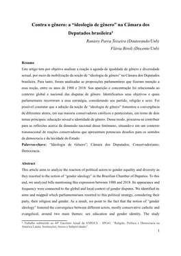 A “Ideologia De Gênero” Na Câmara Dos Deputados Brasileira1 Raniery Parra Teixeira (Doutorando/Unb) Flávia Biroli (Docente/Unb)