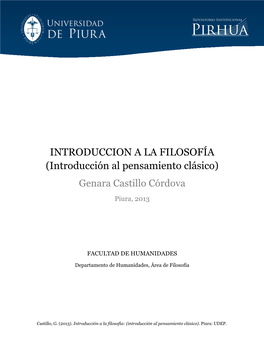 INTRODUCCION a LA FILOSOFÍA (Introducción Al Pensamiento Clásico) Genara Castillo Córdova