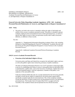 APM - 160 REGARDING ACADEMIC APPOINTEES Academic Personnel Records/Maintenance Of, Access To, and Opportunity to Request Amendment Of