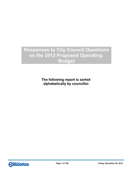 2013 Operating Budget Questions by Councillor