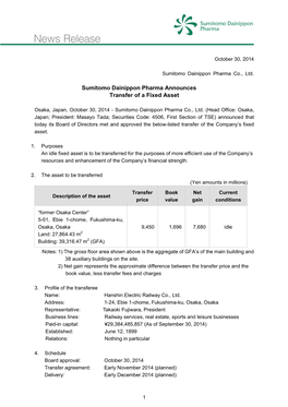 Sumitomo Dainippon Pharma Announces Transfer of a Fixed Asset