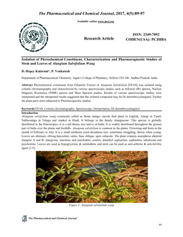 Isolation of Phytochemical Constituent, Characterization and Pharmacognostic Studies of Stem and Leaves of Alangium Salvifolium Wang