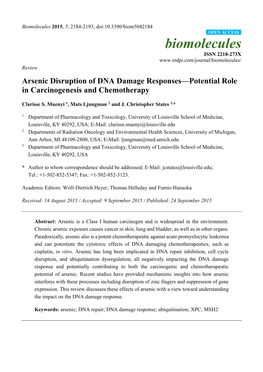 Arsenic Disruption of DNA Damage Responses—Potential Role in Carcinogenesis and Chemotherapy