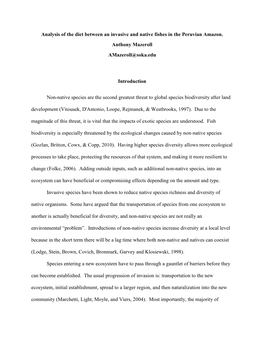 Analysis of the Diet Between an Invasive and Native Fishes in the Peruvian Amazon. Anthony Mazeroll Amazeroll@Soka.Edu Introduct