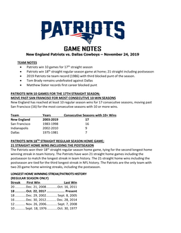 Patriots at Philadelphia Game Notes