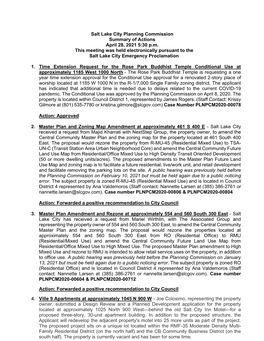 Salt Lake City Planning Commission Summary of Actions April 28, 2021 5:30 P.M. This Meeting Was Held Electronically Pursuant To