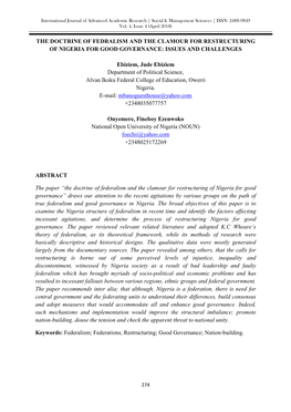 The Doctrine of Fedralism and the Clamour for Restructuring of Nigeria for Good Governance: Issues and Challenges