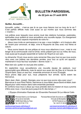 BULLETIN PAROISSIAL Du 22 Juin Au 31 Août 2019