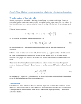 Class 3: Time Dilation, Lorentz Contraction, Relativistic Velocity Transformations