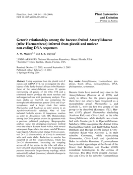 (Tribe Haemantheae) Inferred from Plastid and Nuclear Non-Coding DNA Sequences